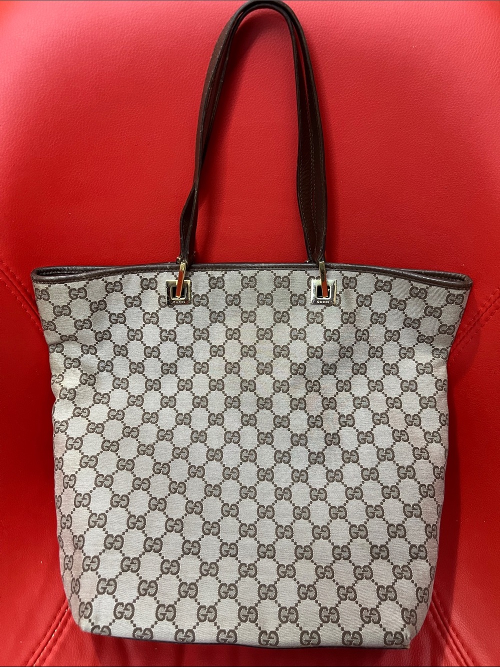 Gucci Beige GG Supreme Canvas Tote with Brown Leather Handles and Gold Hardware